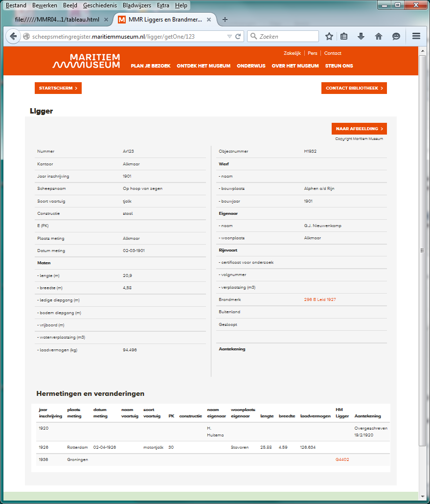 Resultaatscherm scheepsmetingsregister